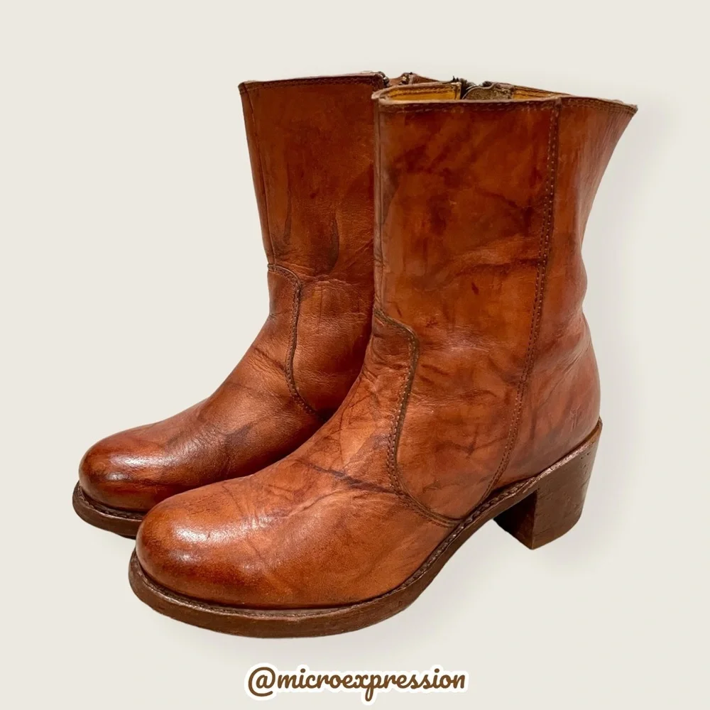 Frye Campus 14L Cognac Brown Leather Vintage Short Zip Up Mid-calf Lug AnkleBoot - Picture 8 of 11